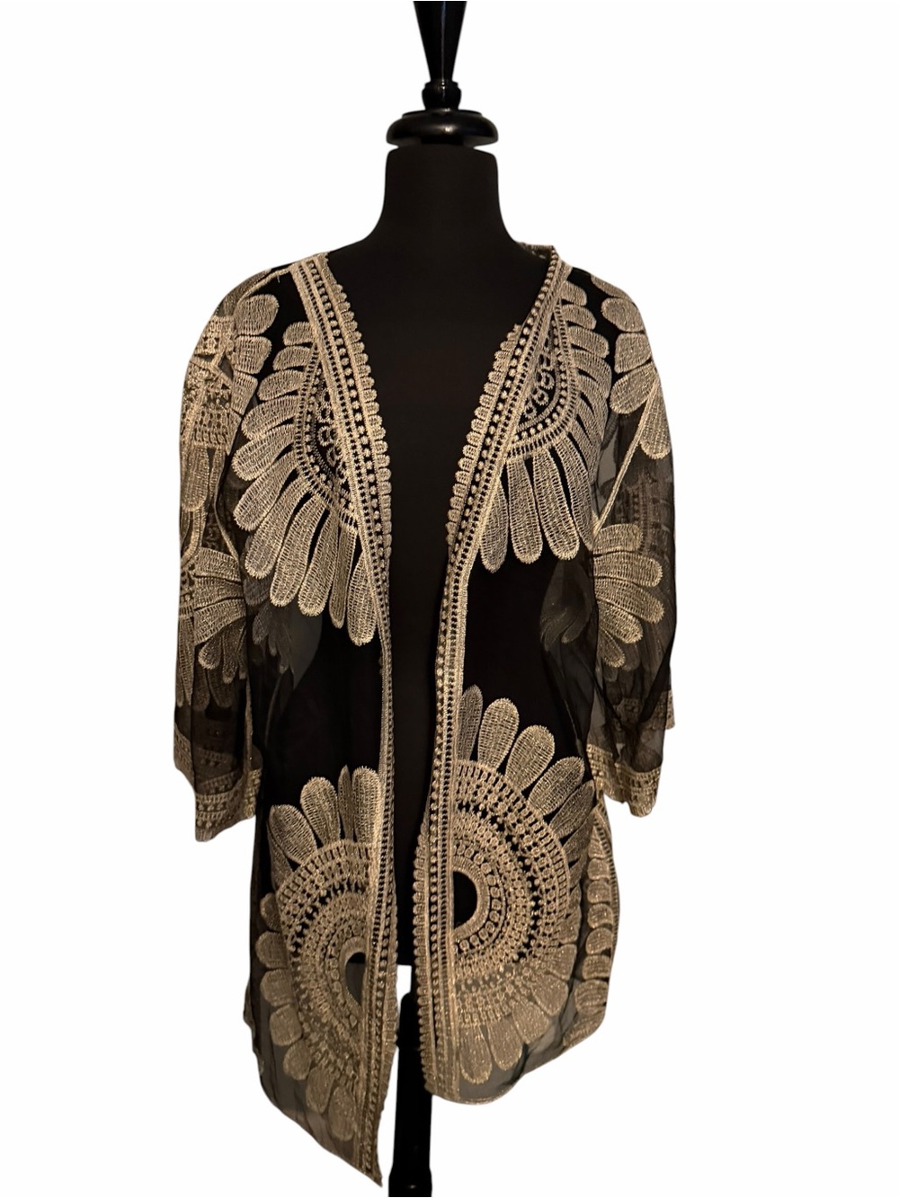 India Boutique Brand Kimono Duster Black & Gold Coverup One Size